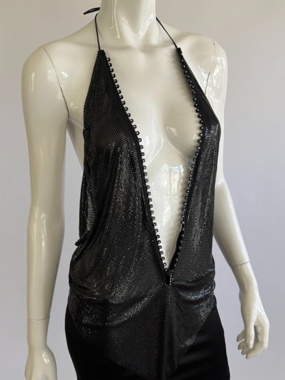 Archival Liquid Black Metal Mesh Halter Top - Rare Rhinestone Zipper Plunge